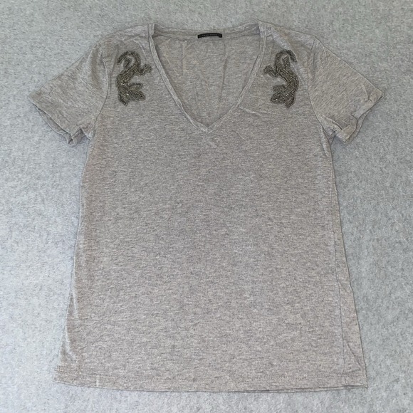 Ikks Tops - IKKS Women's Small Gray V-Neck T-Shirt Beaded Lizard Shoulder Embellished France